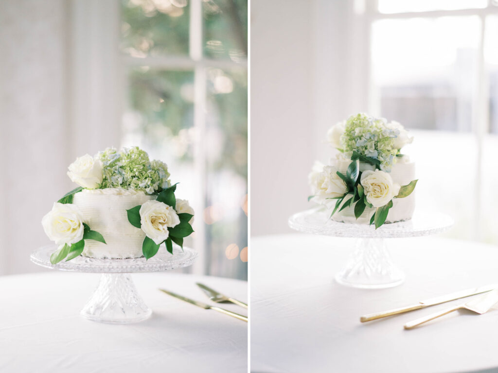 white hydrangeas and roses wedding cake