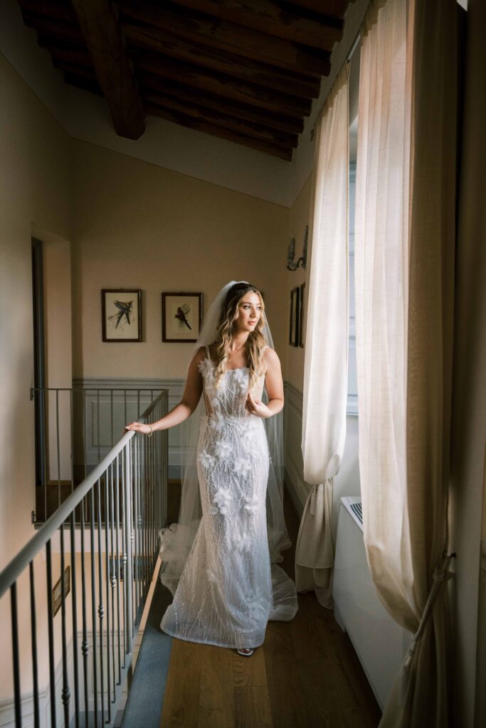 bride wearing Tom Sébastien wedding gown; lace bodice wedding dress