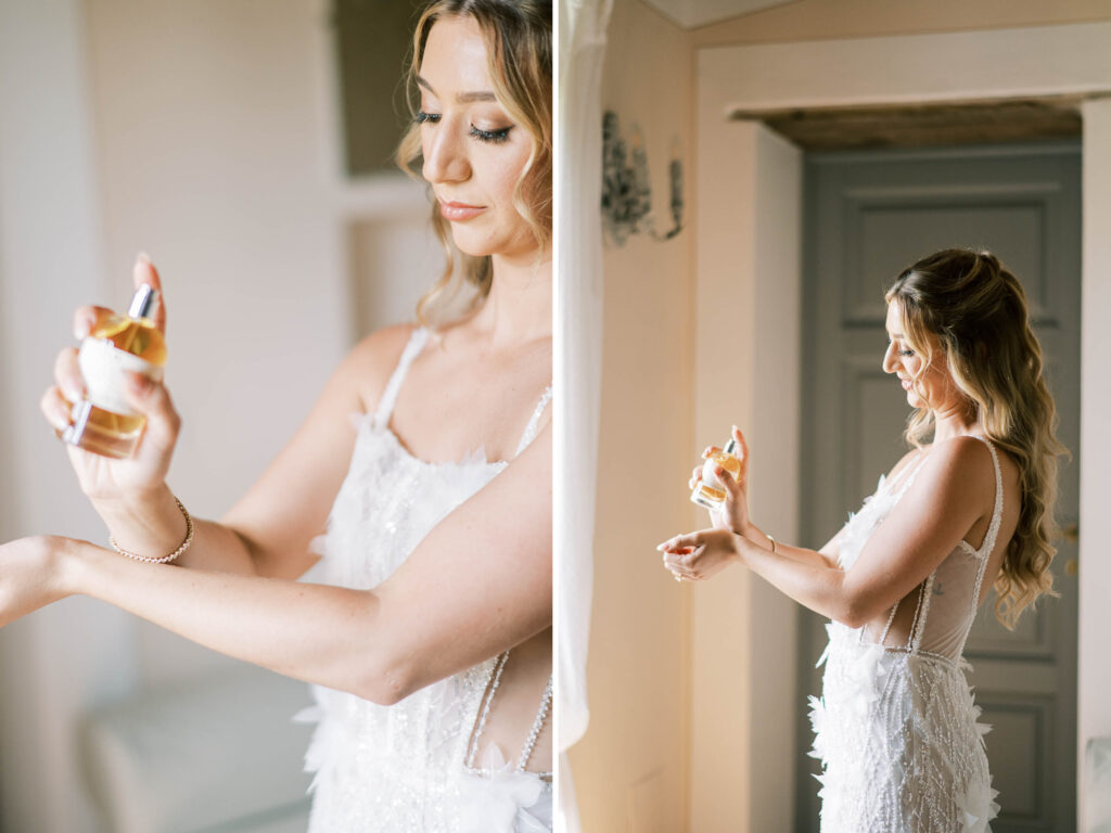 bride wearing Tom Sébastien wedding gown; lace bodice wedding dress