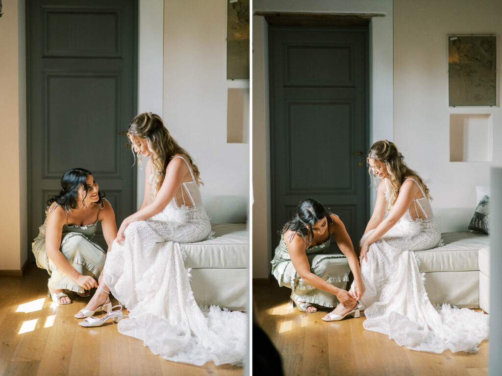 bride wearing Tom Sébastien wedding gown; lace bodice wedding dress