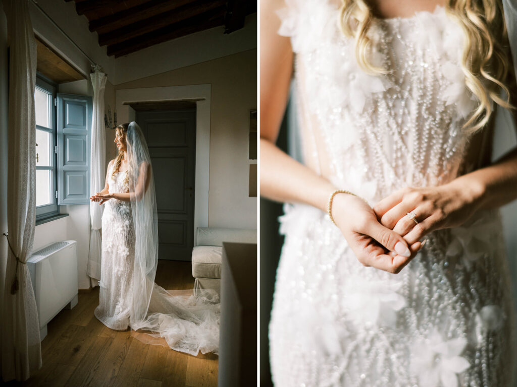 bride wearing Tom Sébastien wedding gown; lace bodice wedding dress