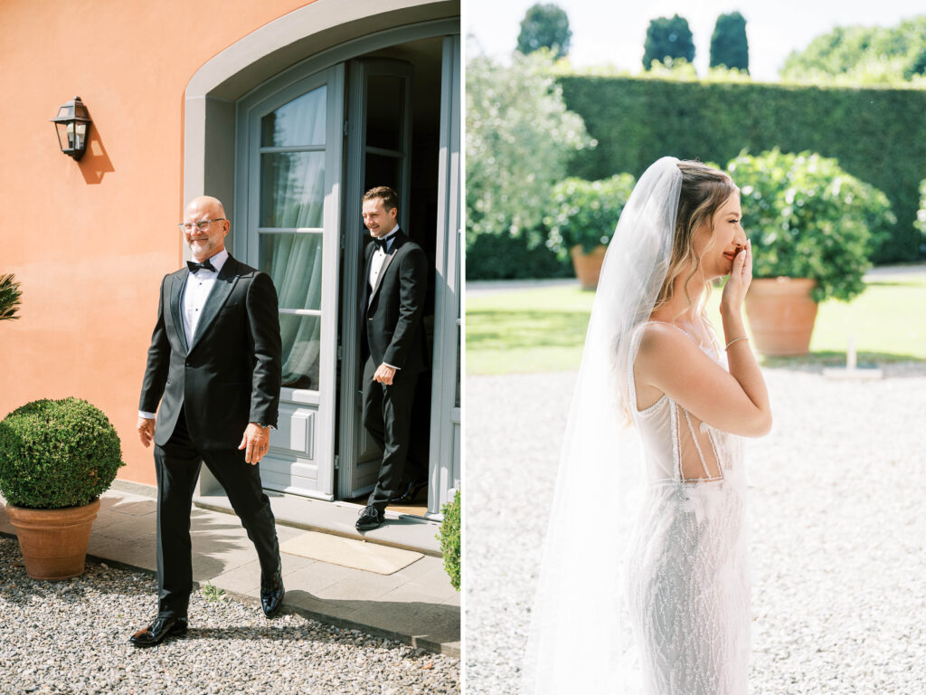 father daughter first look; bride first look with dad