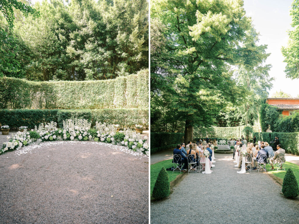 garden party wedding in Italy with greenery and white flowers