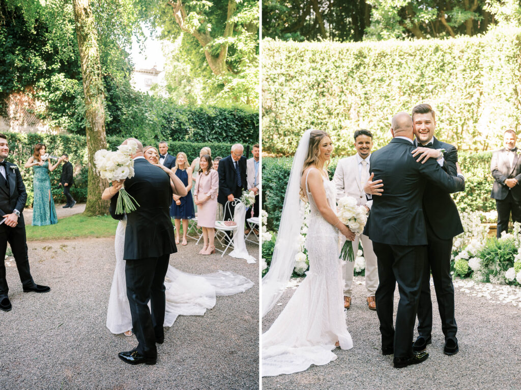 garden party wedding in Italy with greenery and white flowers