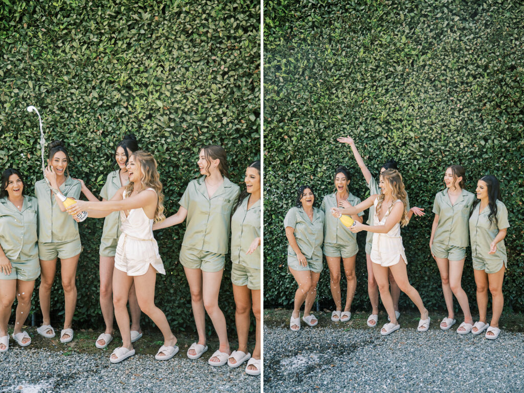 champagne pop wedding photos; ivy wall pictures