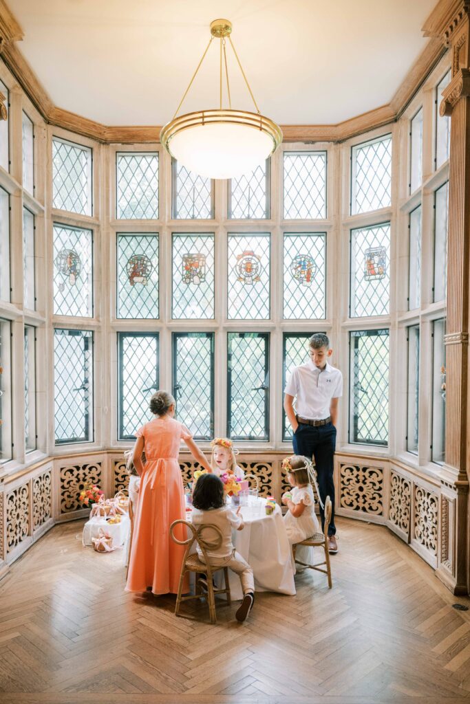 kids craft table for wedding; flower girl head wreaths