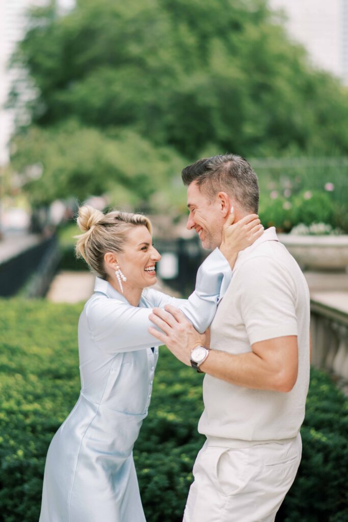 downton Chicago engagement photos; playful engagement photos