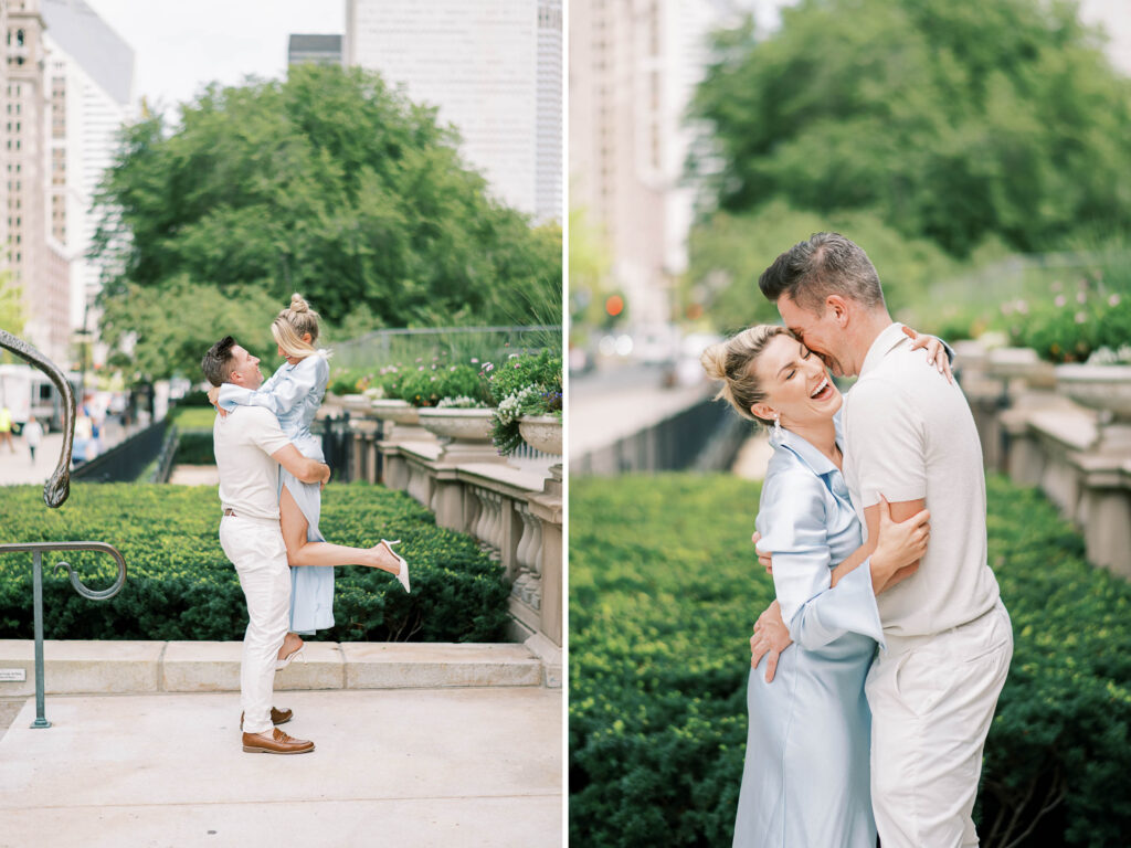 downton Chicago engagement photos; playful engagement photos