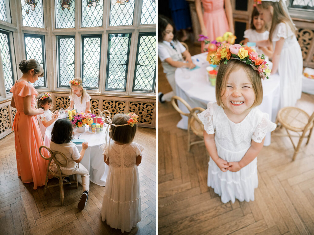 kids craft table for wedding; flower girl head wreaths