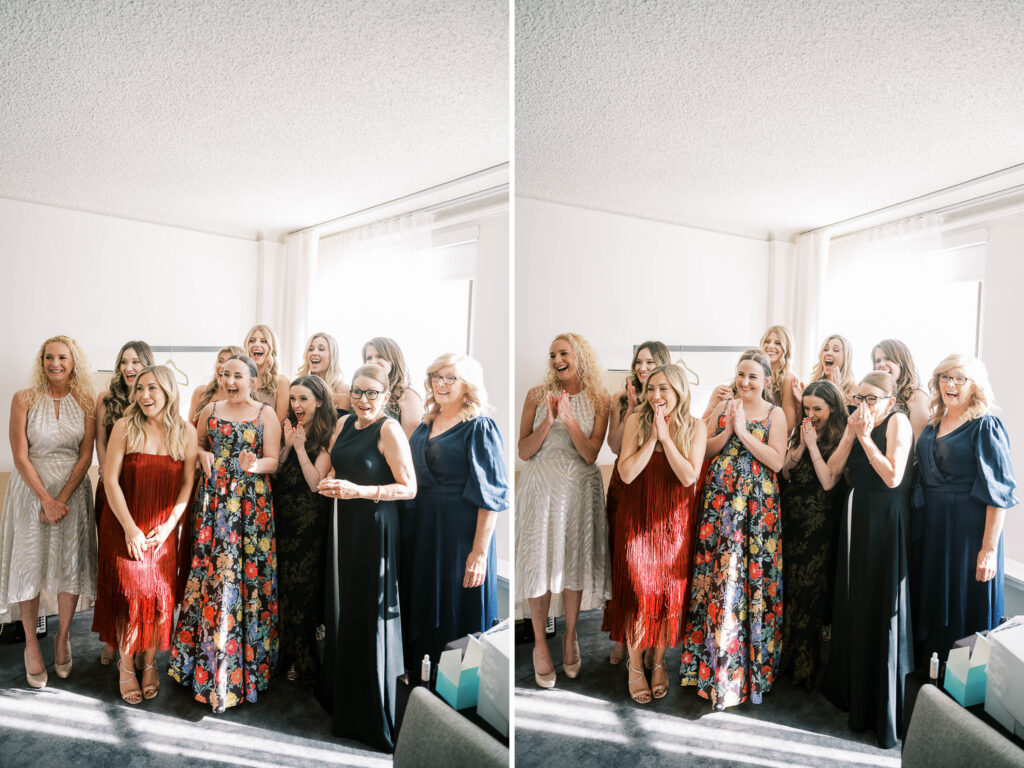 bride's first look with bridesmaids