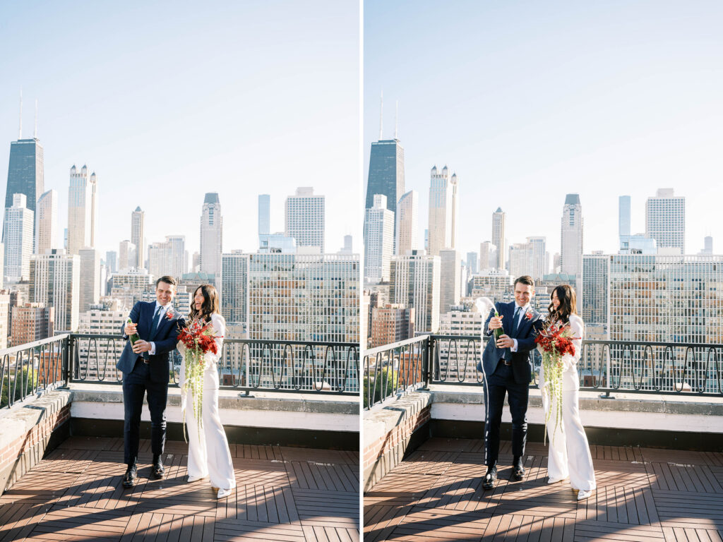 first look with champagne pop; champagne toast first look