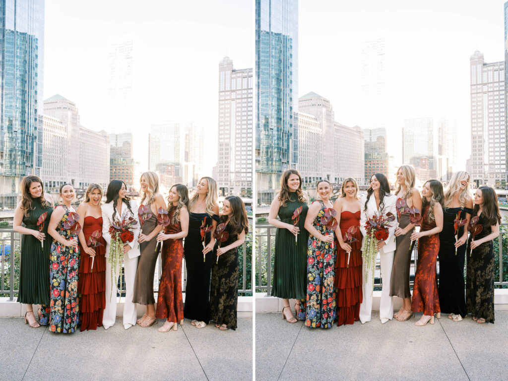 Bridesmaids in mixed colors and patterns at Chicago wedding