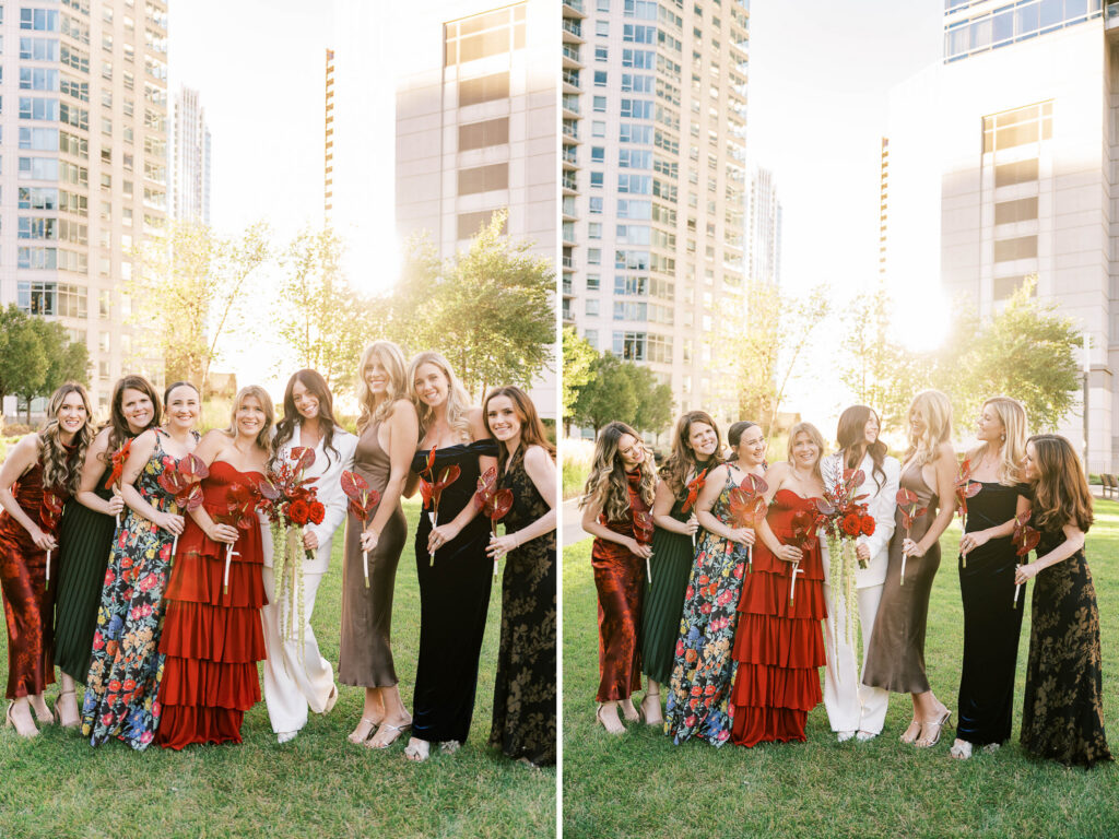 Downtown Chicago wedding party photos in the park