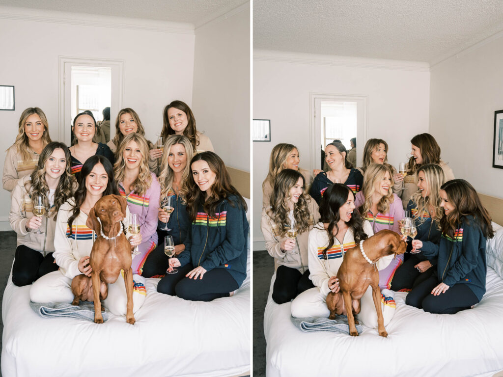 bridal party getting ready photos with champagne