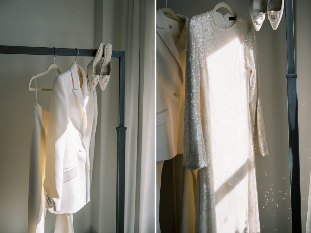 white wedding pant suit for bride; outfit change for wedding; sparkly wedding reception dress