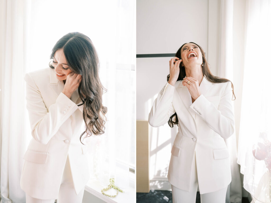 white pantsuit for bride; unconventional bride