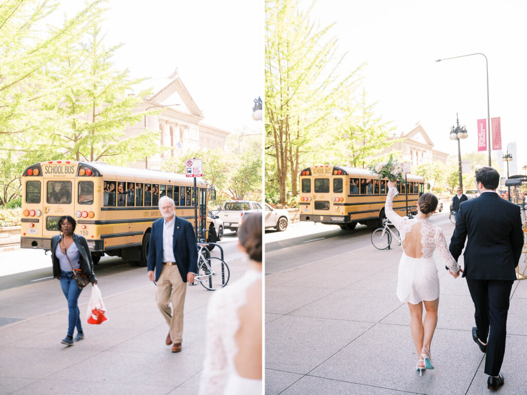 kids on a field trip clapping for bride and groom downtwon Chicago