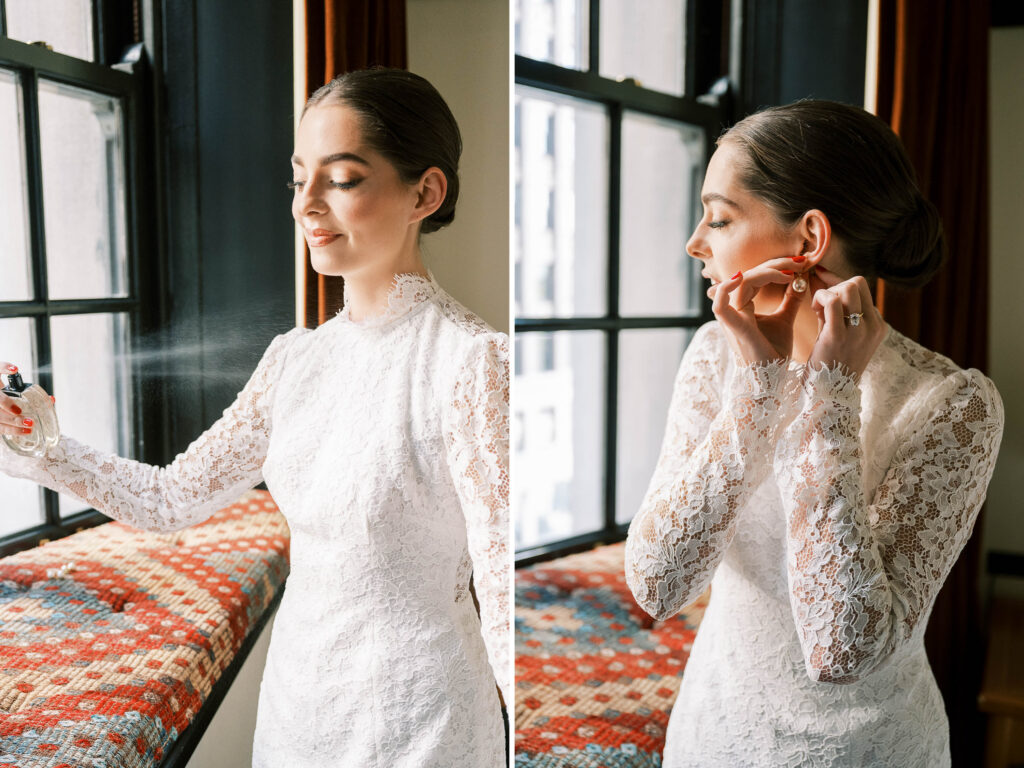 elopement dress for courthouse; long-sleeve lace wedding dress