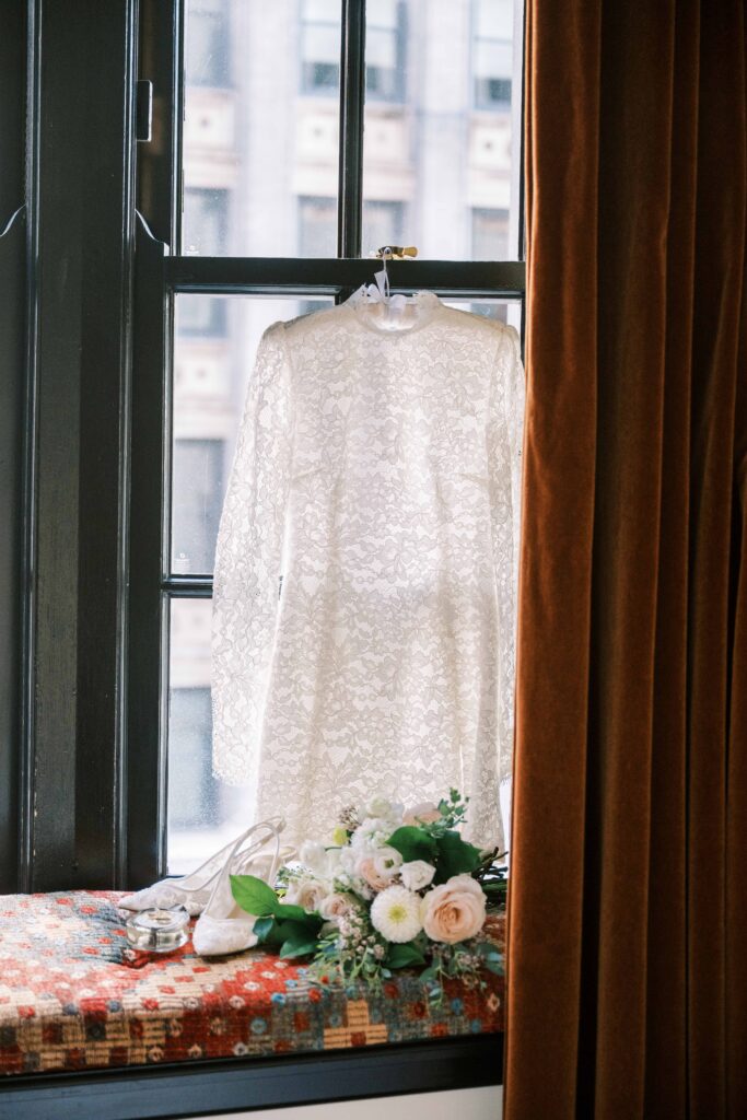 ideas for elopement dress, shoes, and flowers