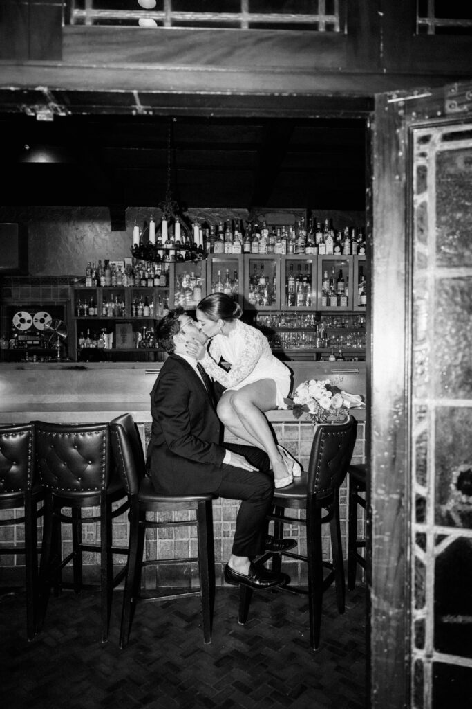 black and white direct flash wedding photos at Chicago Athletic Association bar
