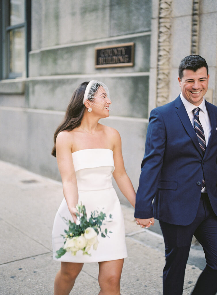 chic A-line elopement dress and bird cage veil