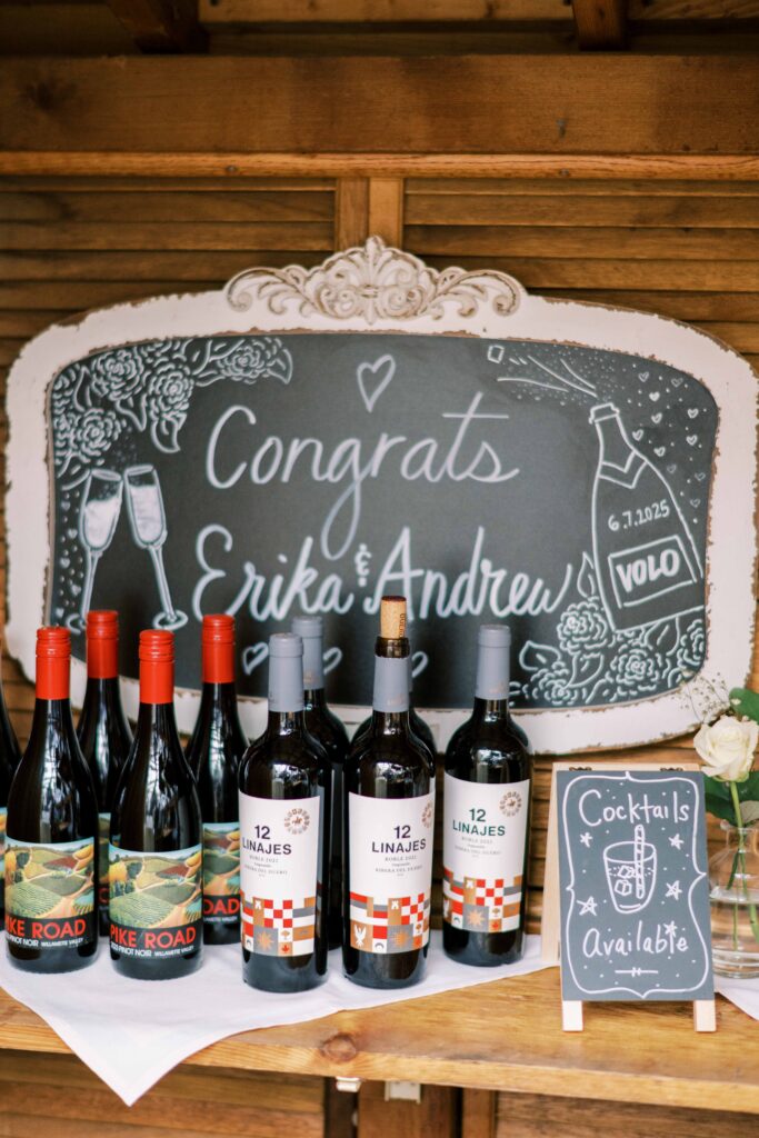 Volo wine selection for wedding reception; hand drawn wedding signs with freehand pictures