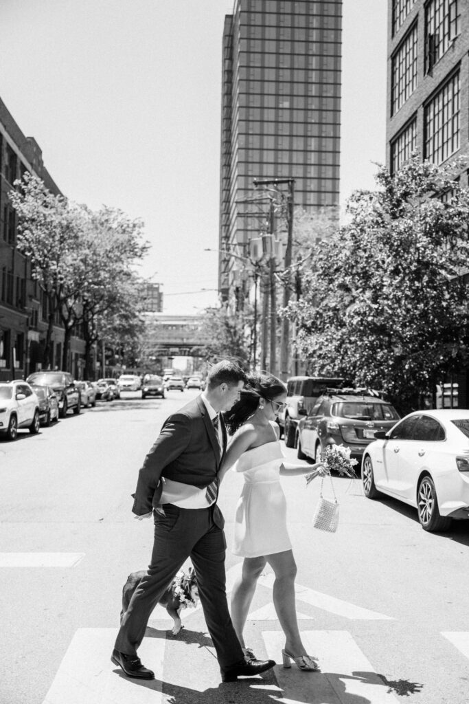 Chicago City Hall Elopement Guide; crosswalk portraits
