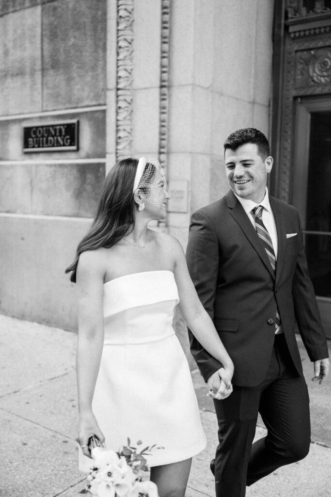 chic A-line elopement dress and bird cage veil