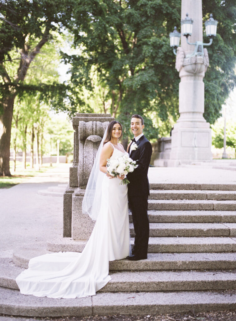 wedding day couple's portraits in downtown Chicago
