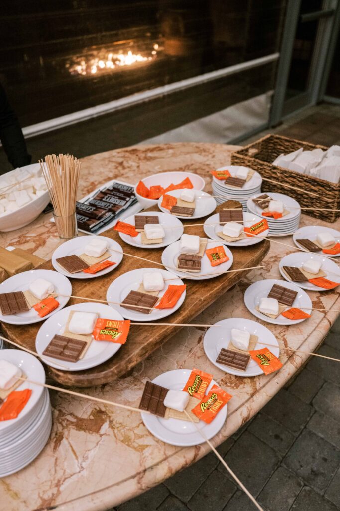 late night Reese's s'mores table for wedding reception