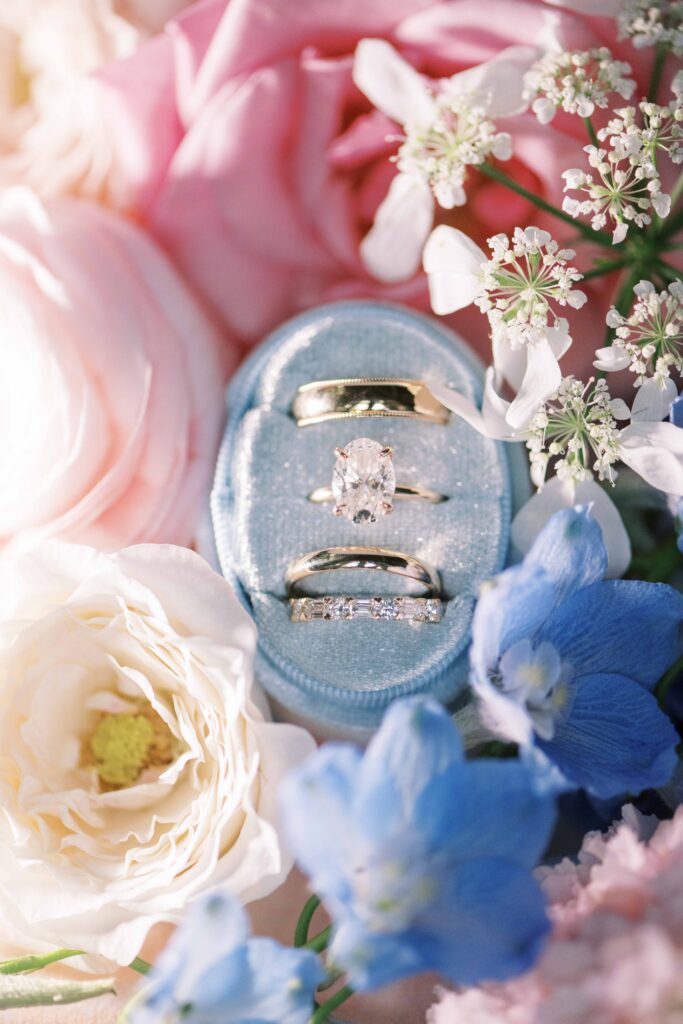 loose wildflower pastels for garden party summer wedding; soft pink and blue wedding