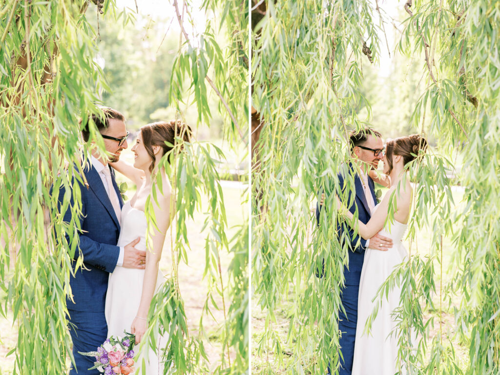 intimate couple portraits through the trees; weeping willow wedding ceremony