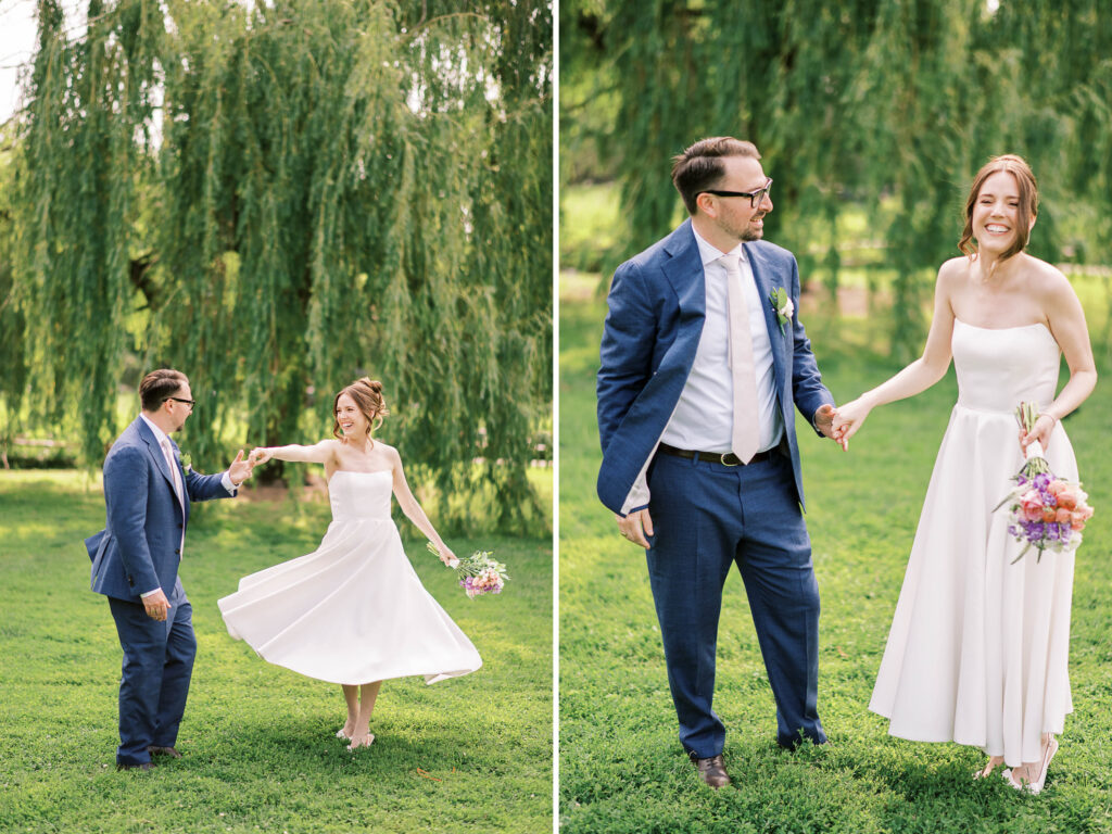 bride twirling; candid dancing couple portraits