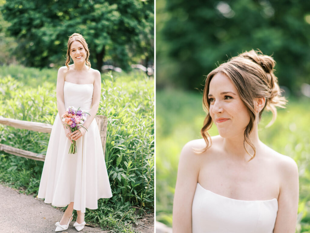 bridal portraits in the park; candid photos of bride looking at groom