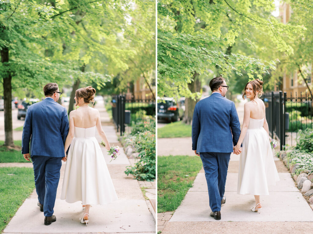bride and groom sidewalk portraits