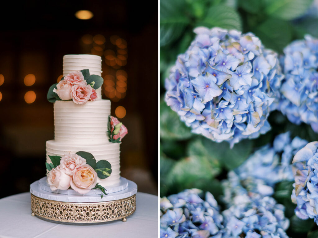 wedding floral ideas; wedding cake with pink roses; bright blue hydrangeas 