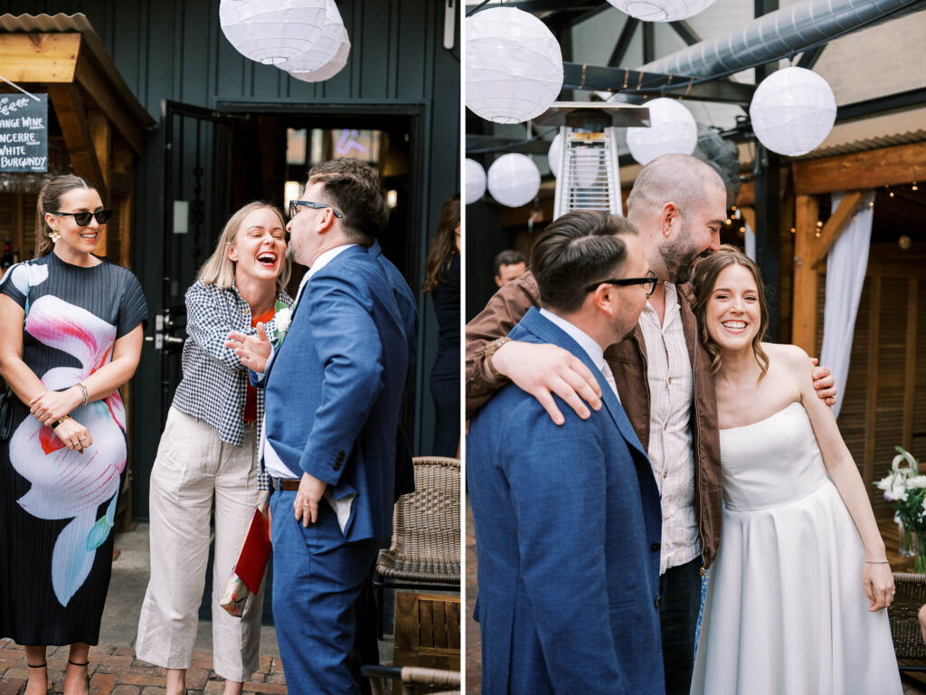 bride and groom talking to guests during cocktail hour