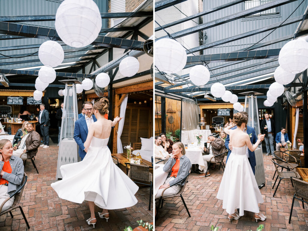 newlywed first dance on the patio at Volo Restaurant Wine Bar Chicago