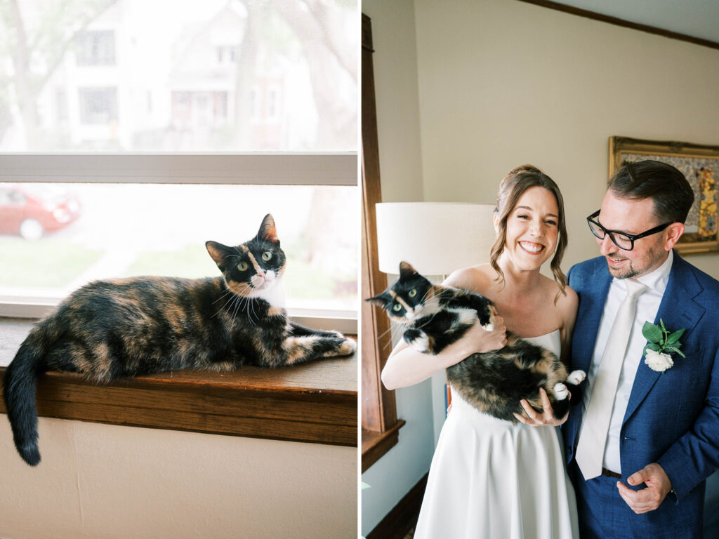 wedding portraits with cat; wedding photos at home