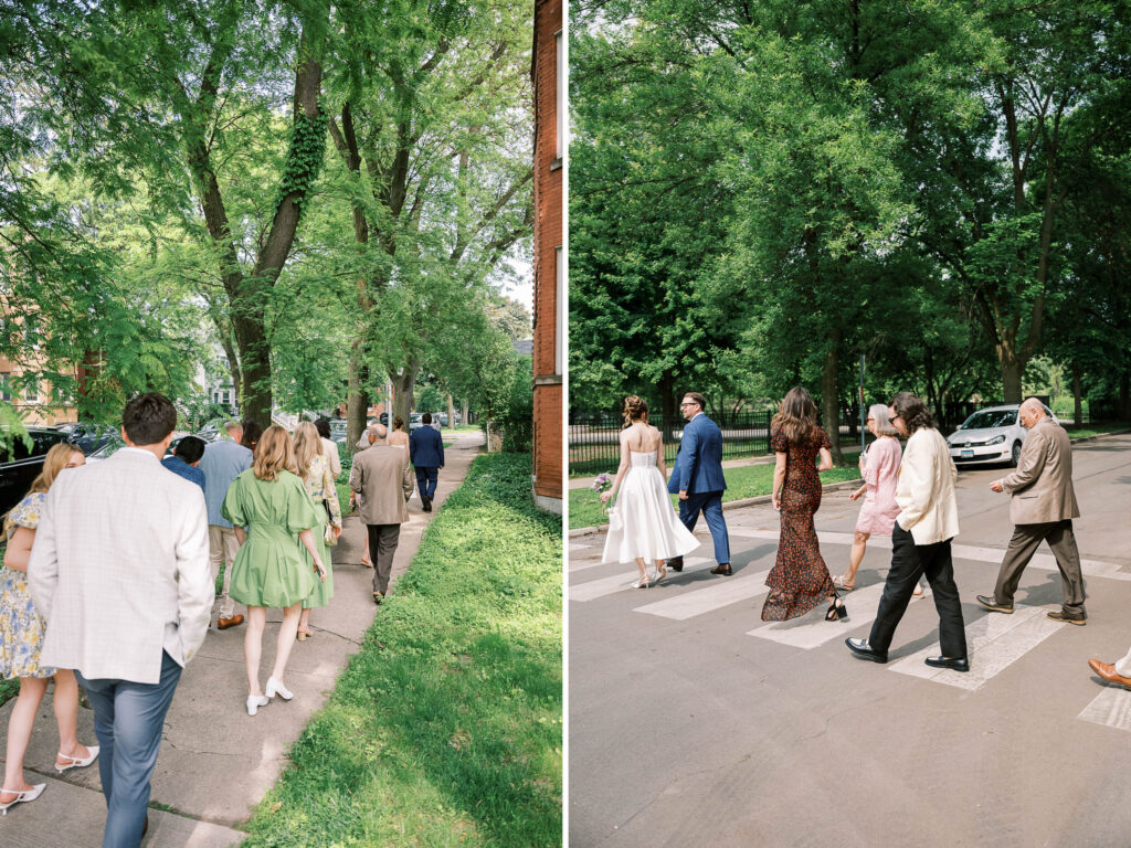 photos of wedding party walking to next location