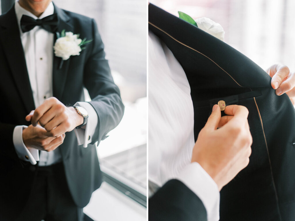 groom getting into tux