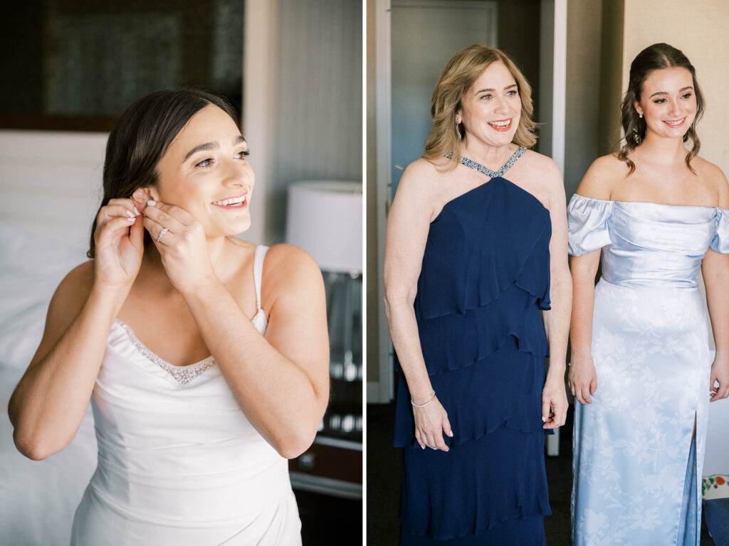 bride getting ready at hotel with bridal party