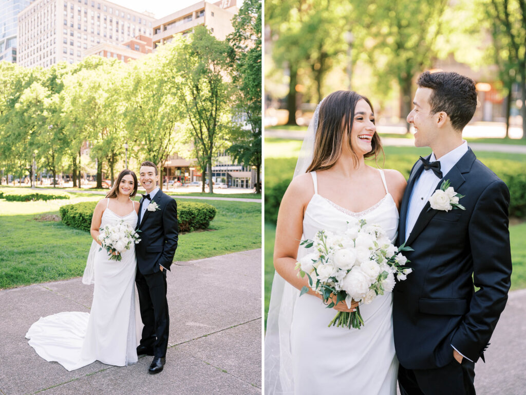 wedding day couple's portraits in downtown Chicago