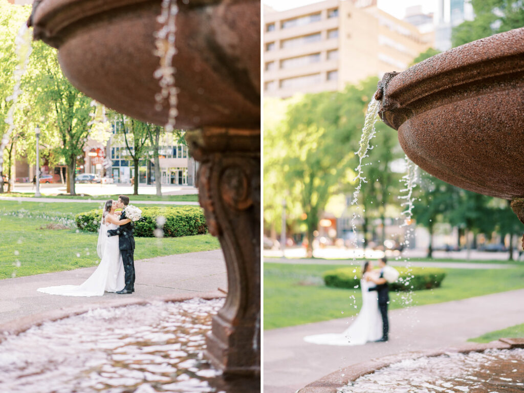 creative wedding portraits with focus shift; couple out of focus