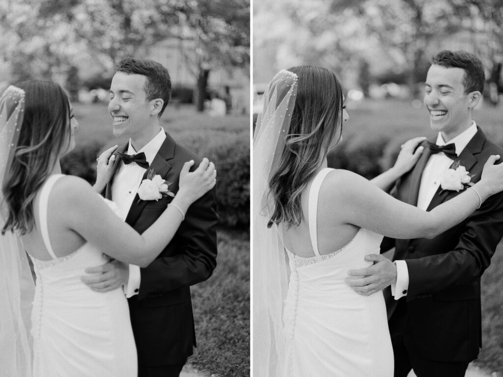 wedding day couple's portraits in downtown Chicago