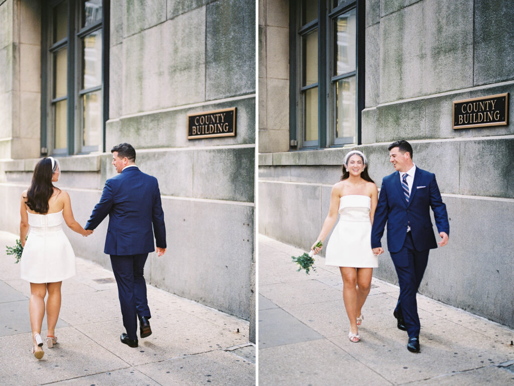 chic A-line elopement dress and bird cage veil