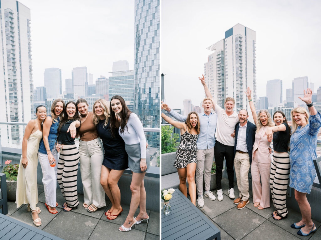 friends and family reaction; rooftop engagement party Chicago