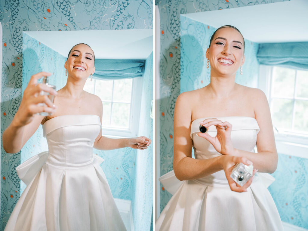 bride putting on perfume photos