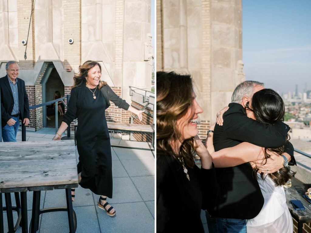 Chicago rooftop proposal at The Robey with family celebration