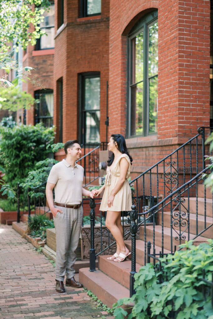 Washing DC brownstone homes; engagement photos on brownstone stoop